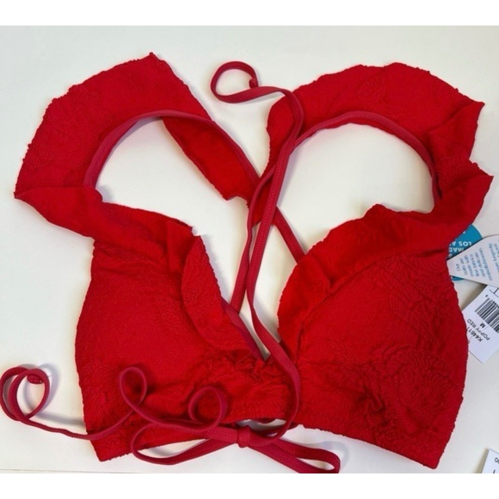 WET Swimwear Poppy Red Jacquard Penelope Bikini Top Ruffle Lace‎ Up Large - Picture 4 of 6
